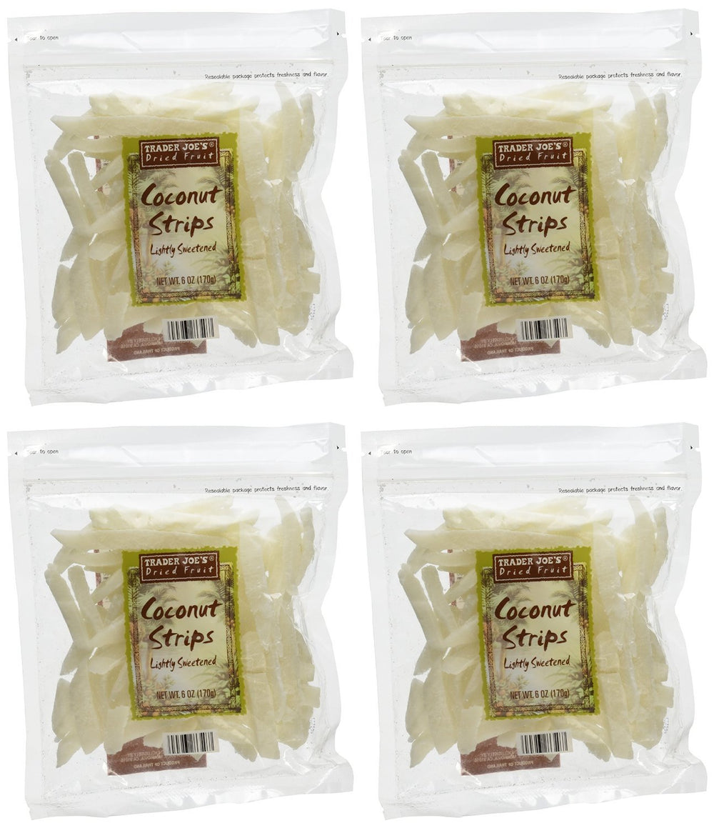 Trader Joe's front packaging showing four 6 oz coconut strip bags and convenience