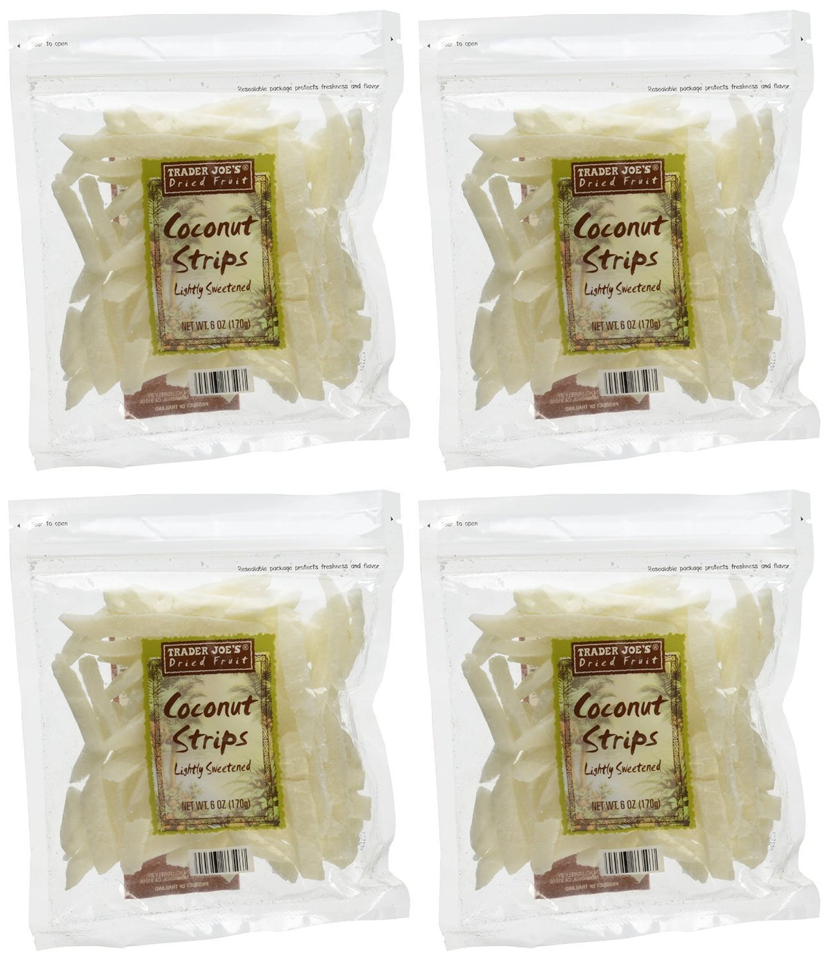 Trader Joe's front packaging showing four 6 oz coconut strip bags and convenience