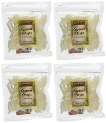 Trader Joe's front packaging showing four 6 oz coconut strip bags and convenience