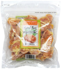 Trader Joe's dried mandarins front packaging showing 6 oz pouch, easy portable snack
