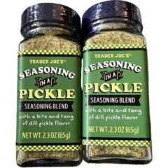 Trader Joe's front packaging showing two dill pickle seasoning bottles for quick flavor