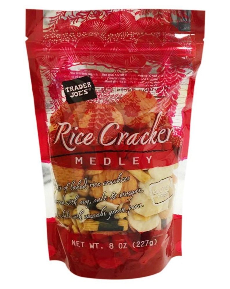 Trader Joe's front packaging showing five gluten free rice cracker bags and clear labeling, great for pantry-ready snacking