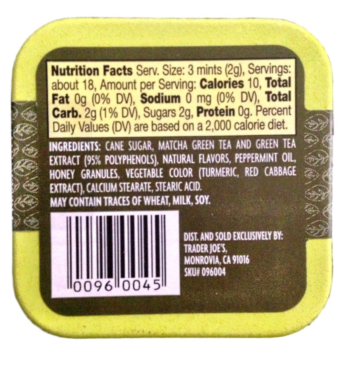 Trader Joe's close-up of a single green tea infused mint, clear texture and natural herbs visible
