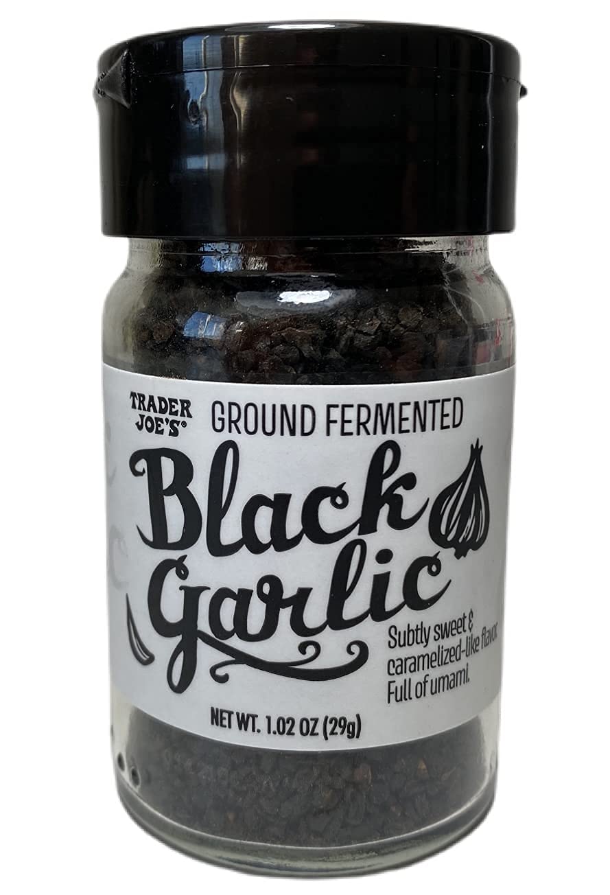 Trader Joe's ground fermented black garlic jar front view showing label, adds umami
