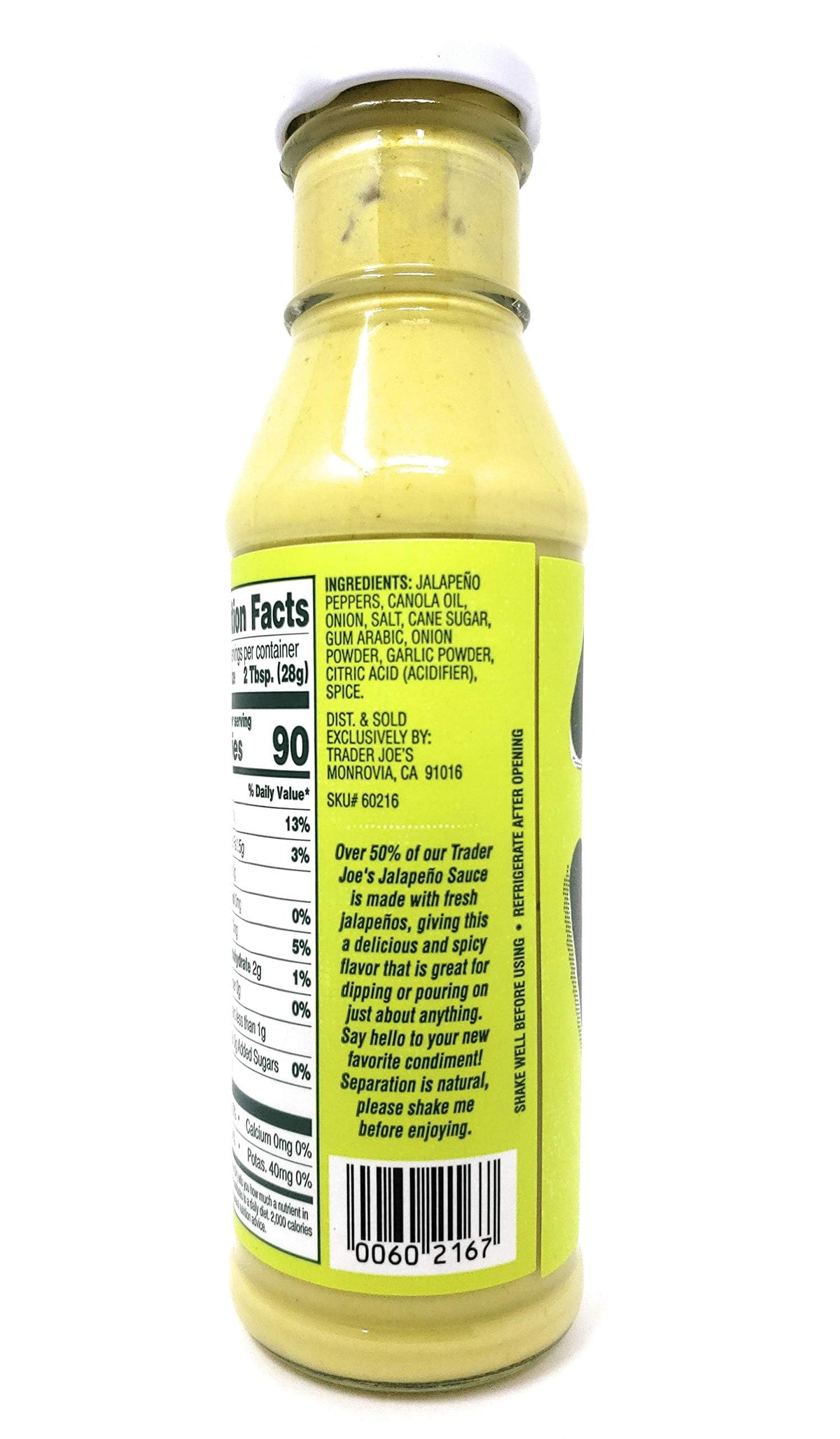 Trader Joe's jalapeño sauce front label showing jar and spicy creamy texture
