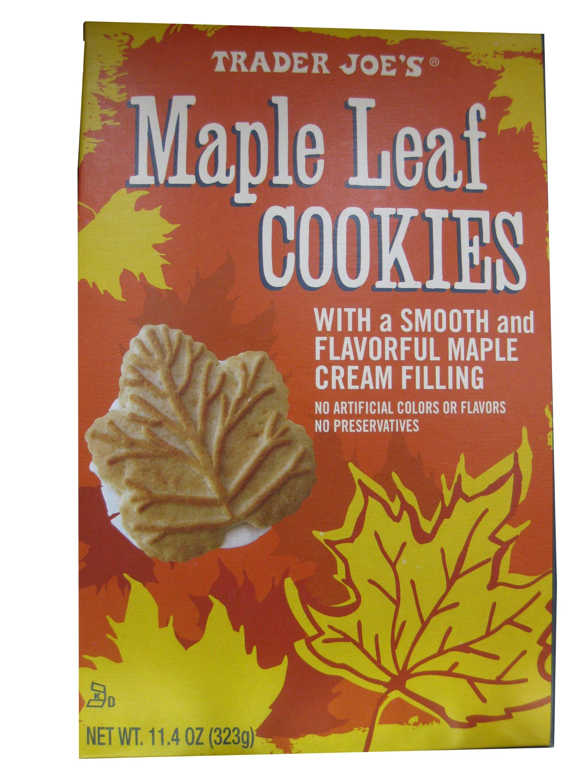 Trader Joe's cookie packaging showing two maple-leaf biscuits and freshness