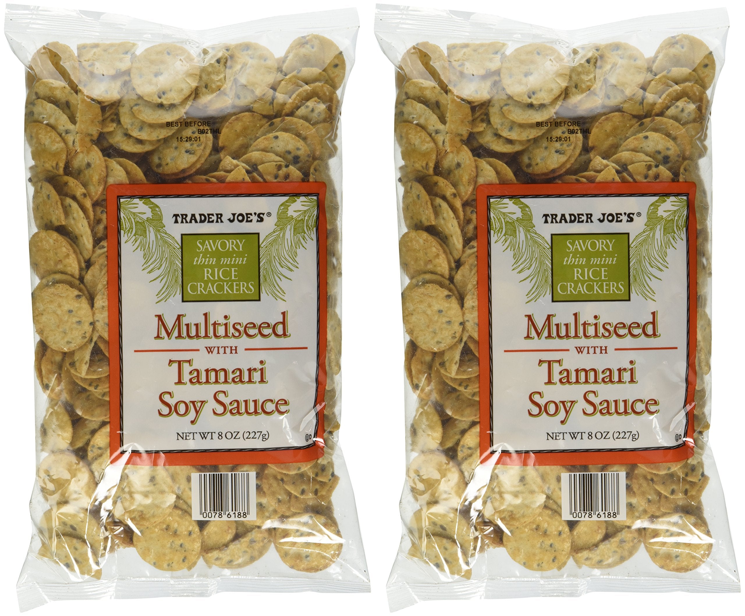 Trader Joe's front package view showing tamari rice crackers and pack benefits