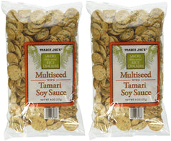 Trader Joe's front package view showing tamari rice crackers and pack benefits