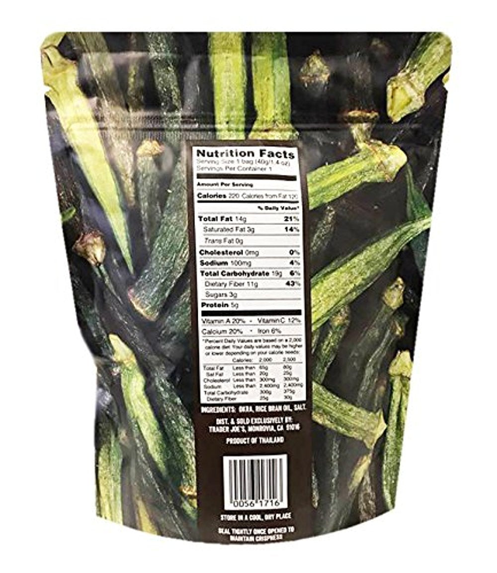 Trader Joe's okra crisps in a bowl beside a 1.4 oz bag illustrating portion size and an appealing crunchy texture