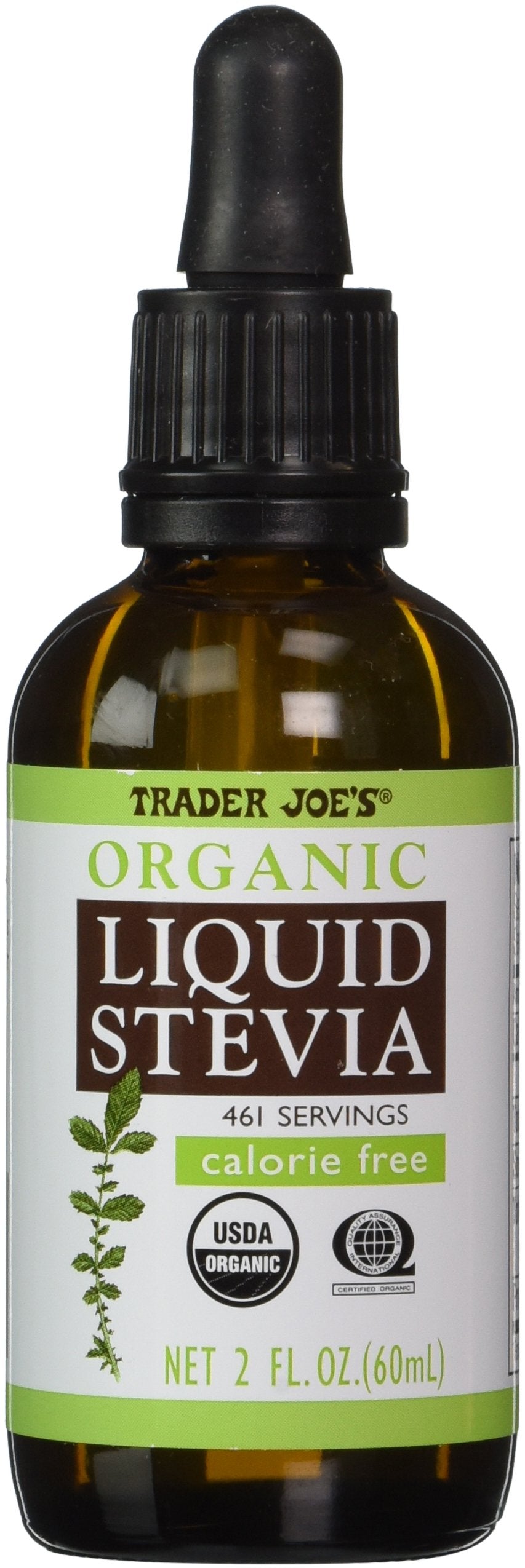 Trader Joe's organic liquid stevia front bottle shows compact organic sweetener for convenience