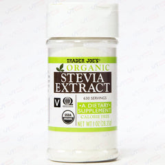 Trader Joe's jar front view showing organic stevia extract and label, clear product identity and convenience