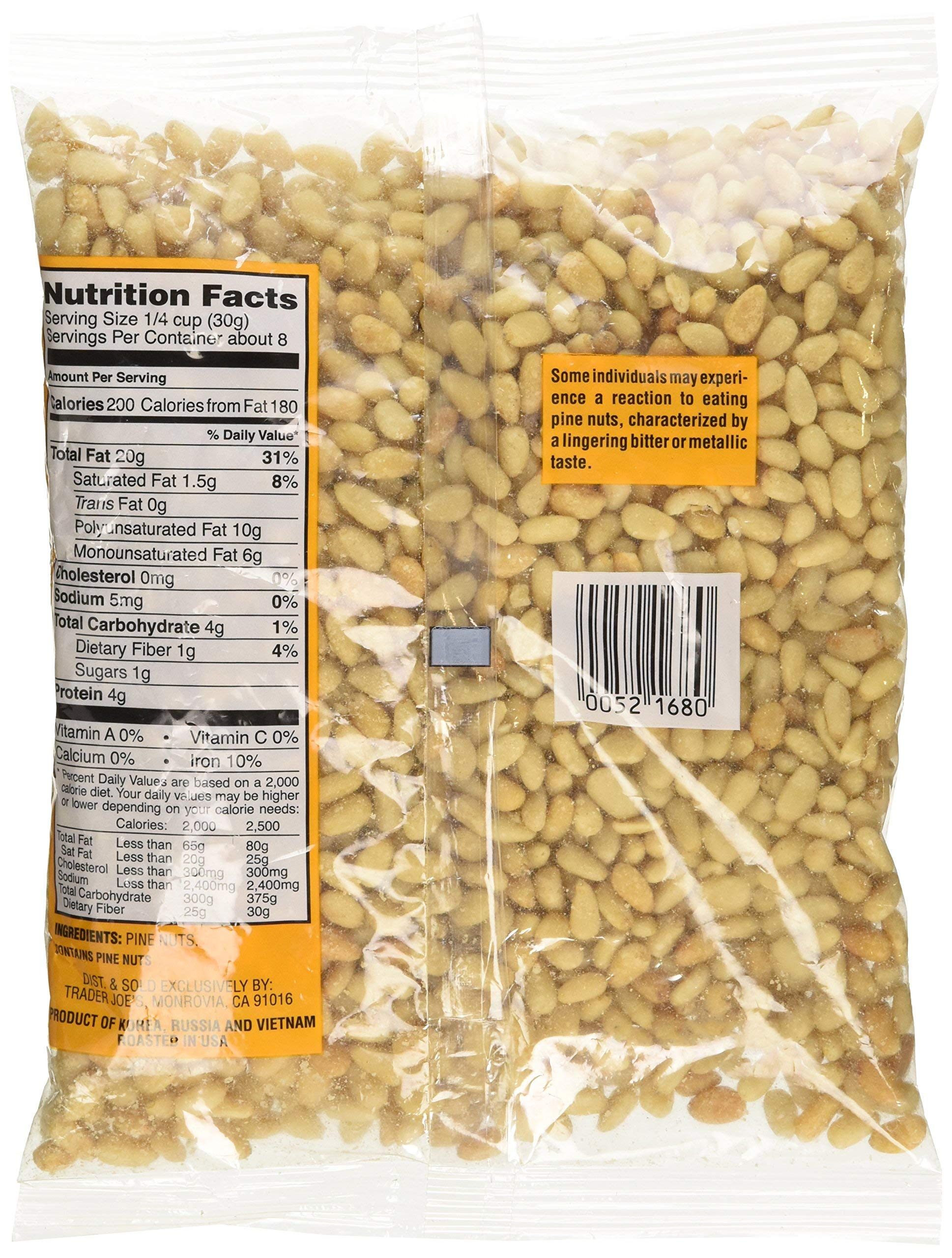 Trader Joe's close-up of toasted pignolias texture and color, highlighting crunchy toasted flavor
