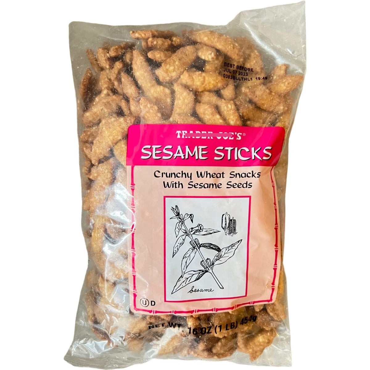 TJ's front packaging of sesame sticks showing bag and product benefit convenience