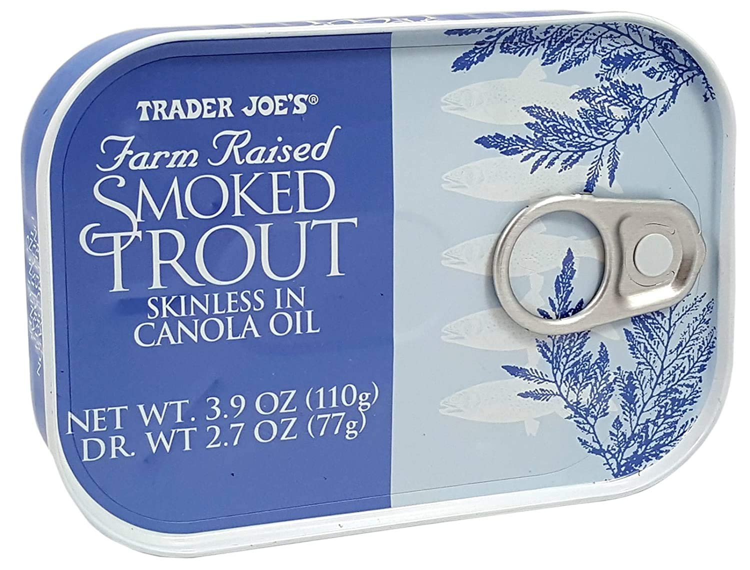 Trader Joe's smoked trout close-up of fillet texture in oil highlighting moist tender flakes