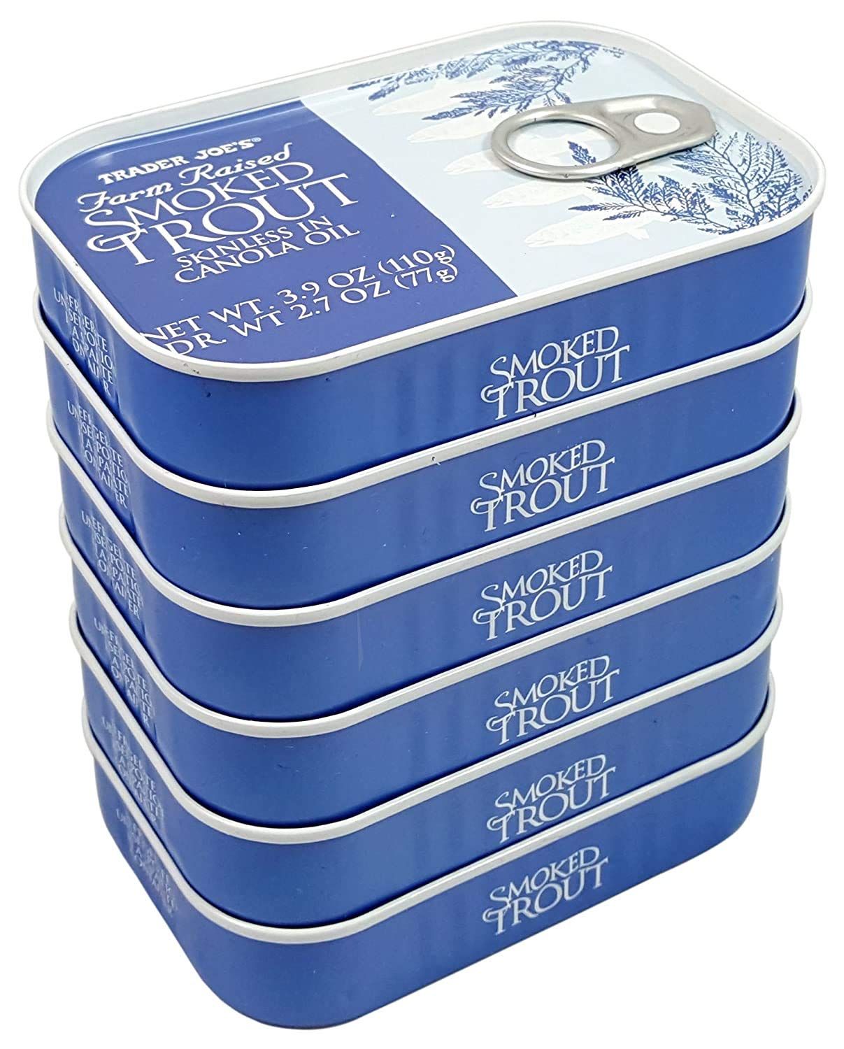 Trader Joe's smoked trout tin front packaging showing label and size benefit pantry convenience