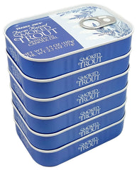 Trader Joe's smoked trout tin front packaging showing label and size benefit pantry convenience