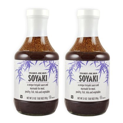 Trader Joe's Soyaki bottle front view, clear label and pour benefit