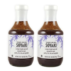 Trader Joe's Soyaki bottle front view, clear label and pour benefit