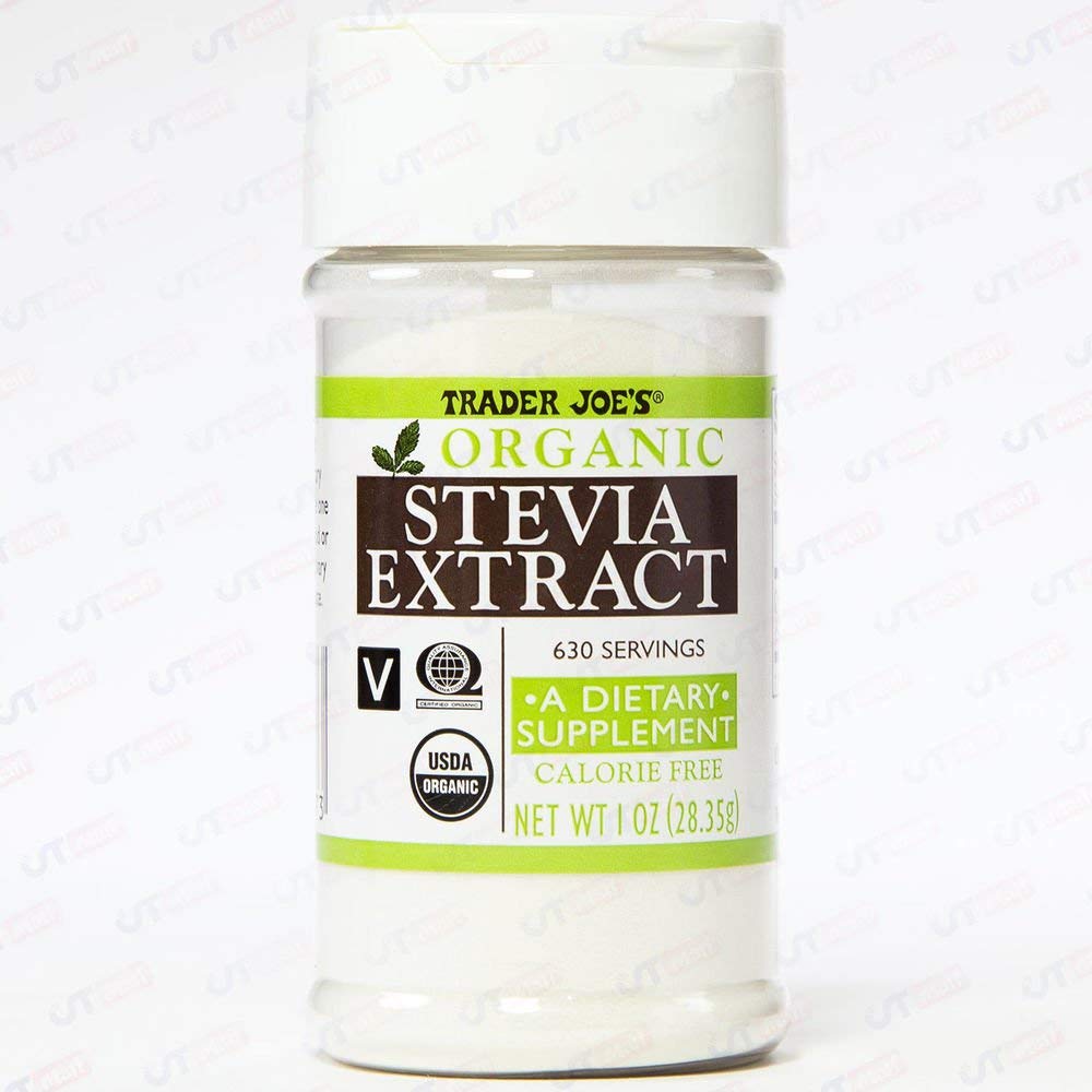 Trader Joe's stevia front packaging showing jar and calorie-free benefit