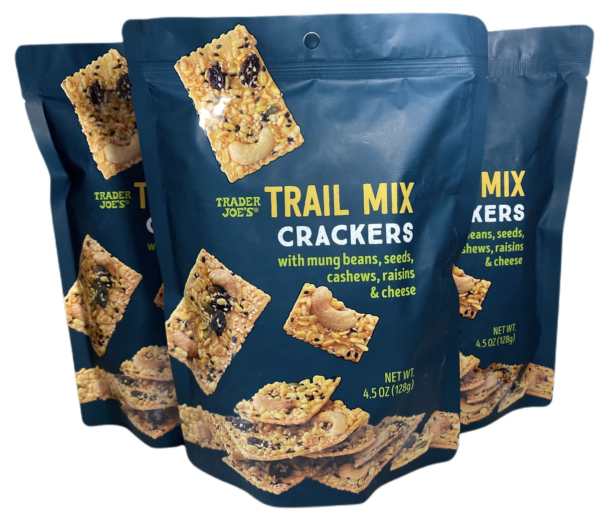 Trader Joe's front packaging of Trail Mix Crackers showing 3-pack and ingredients benefit ready snack