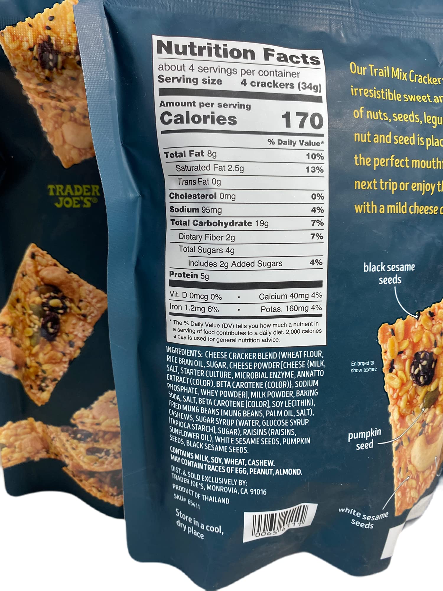 Trader Joe's close-up of cracker texture with mung beans and seeds highlighting crunchy benefit
