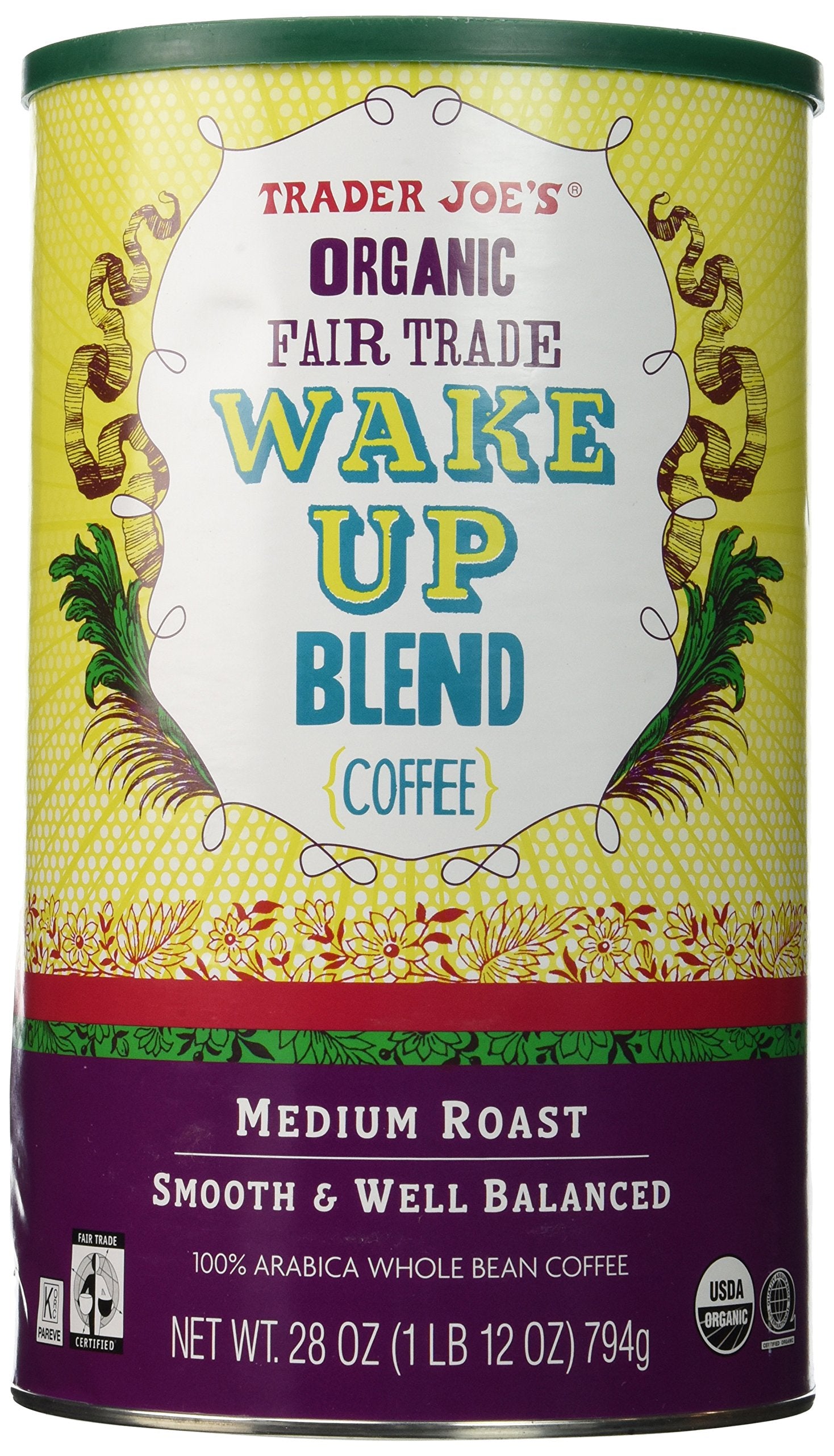 Trader Joe's Wake Up Blend front packaging showing 28 oz bag and label benefits