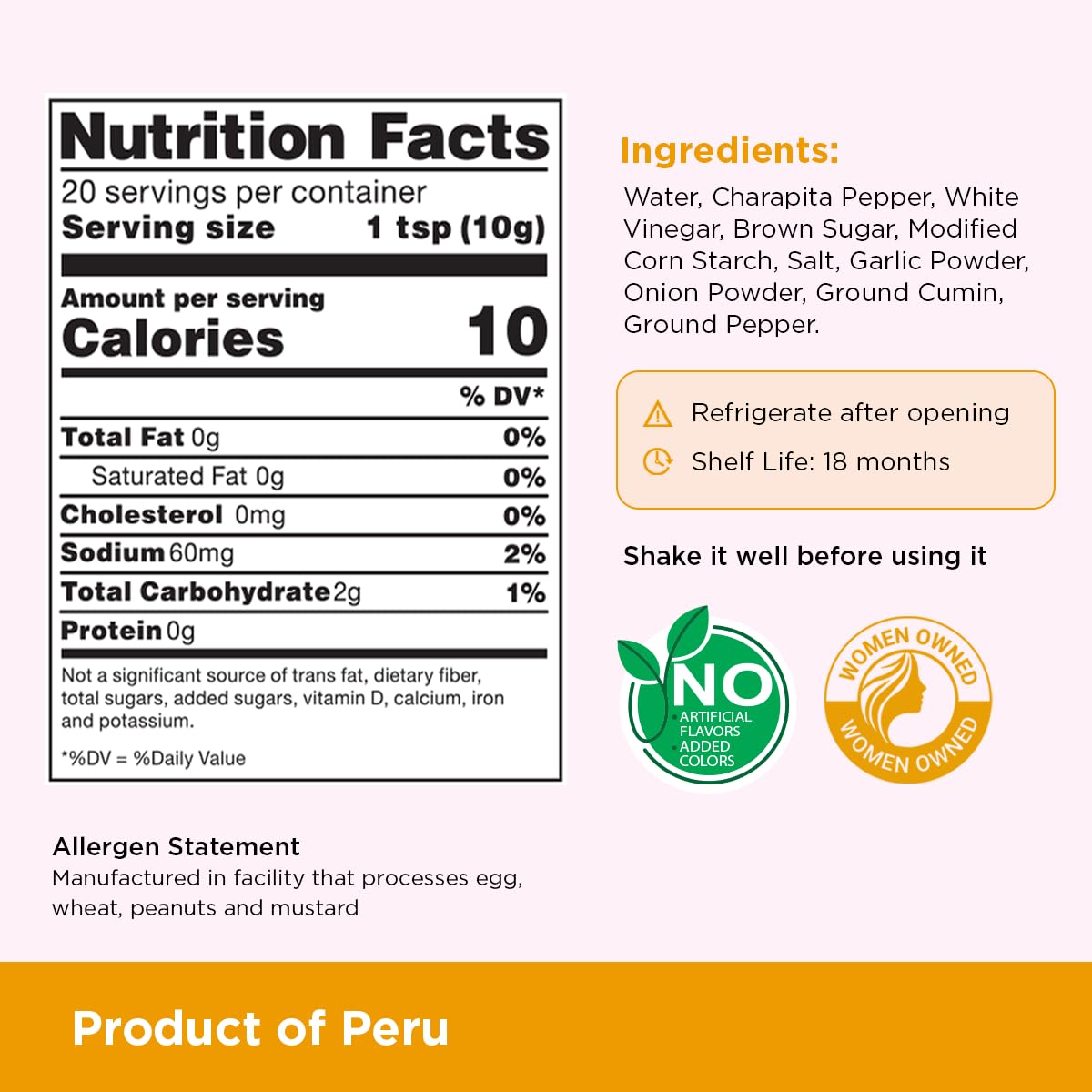 TRADICIÓN PERUANA close-up of label text and charapita pepper origin details