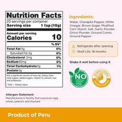 TRADICIÓN PERUANA close-up of label text and charapita pepper origin details
