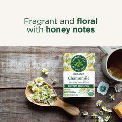 Traditional Medicinals dried chamomile flowers close-up, showing potent floral oils and quality