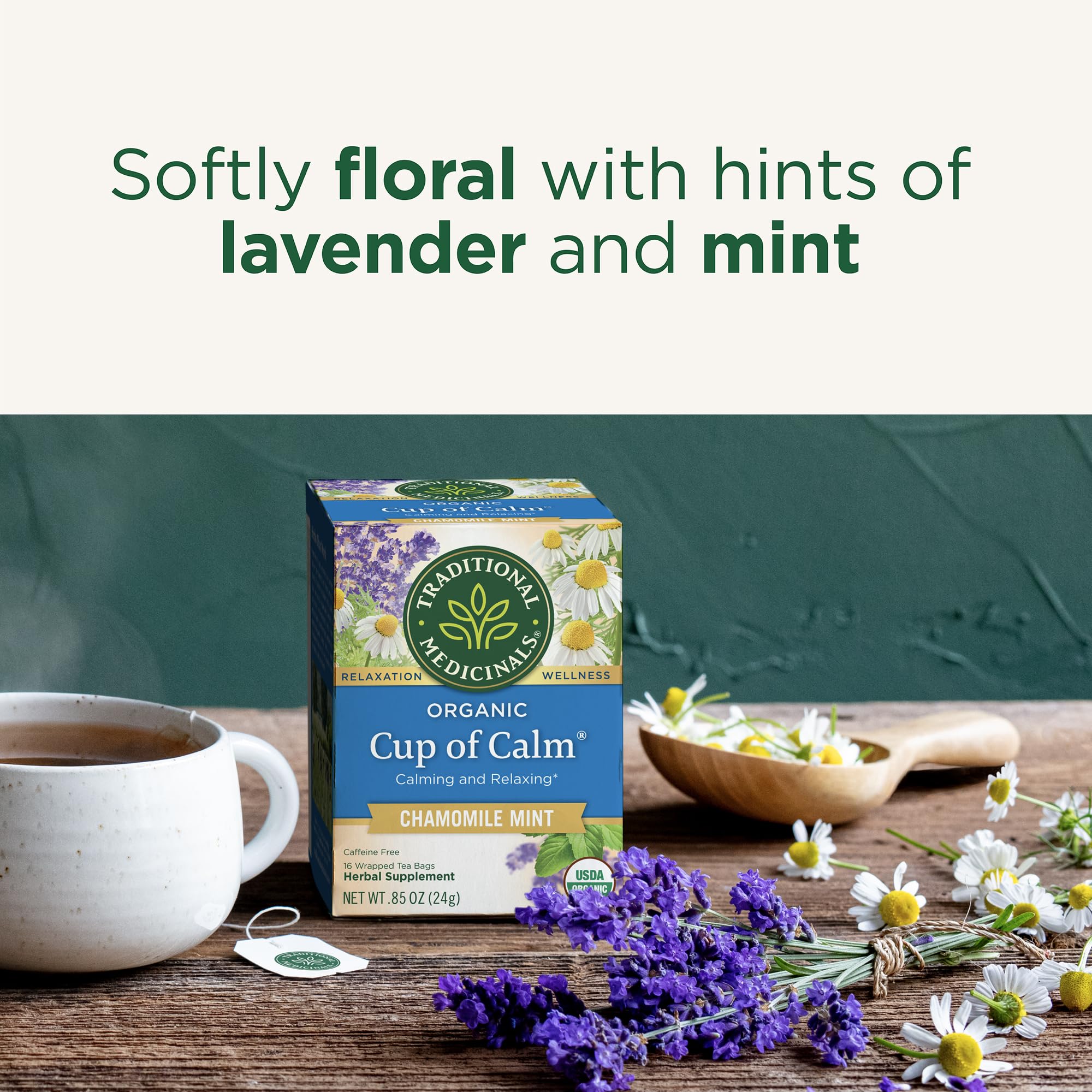 Traditional Medicinals loose herbs showing chamomile and lavender for aroma clarity