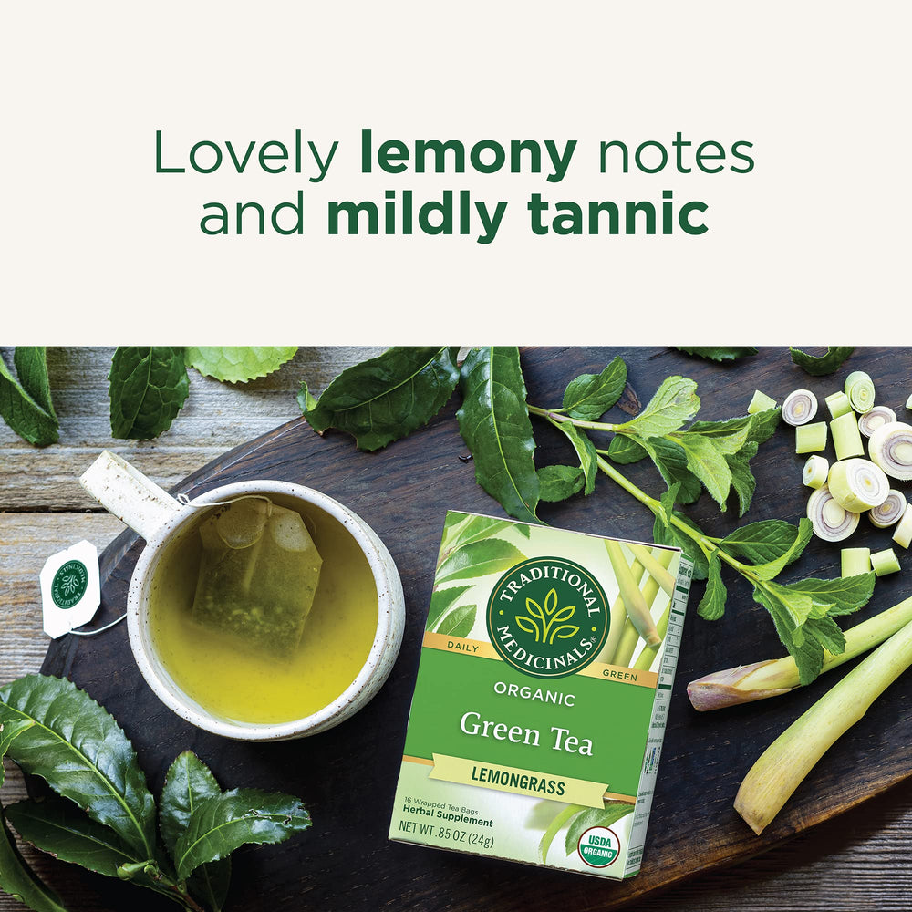 Traditional Medicinals loose green tea leaves and lemongrass stalk showing natural ingredients
