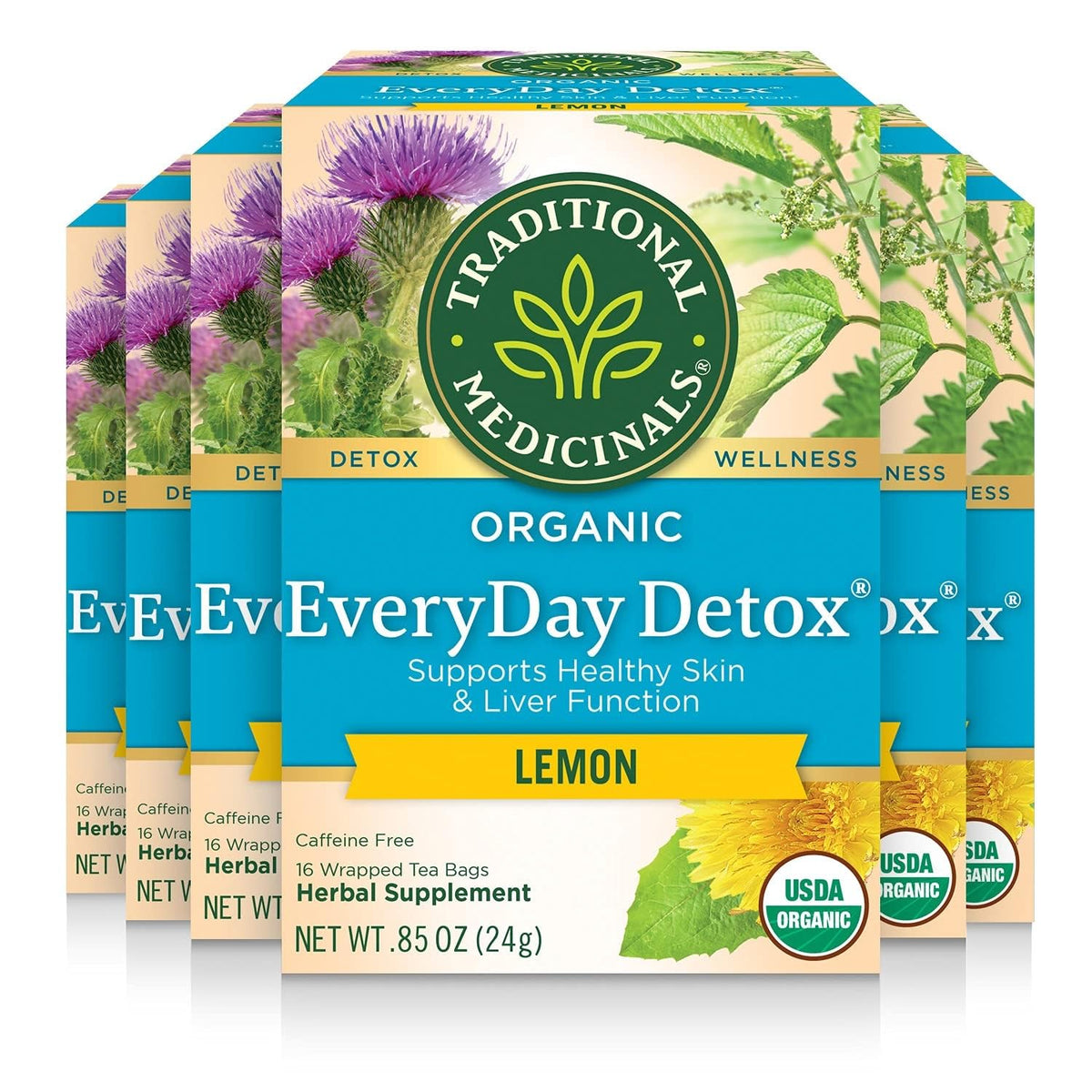 Traditional Medicinals front packaging showing organic lemon detox blend and benefits