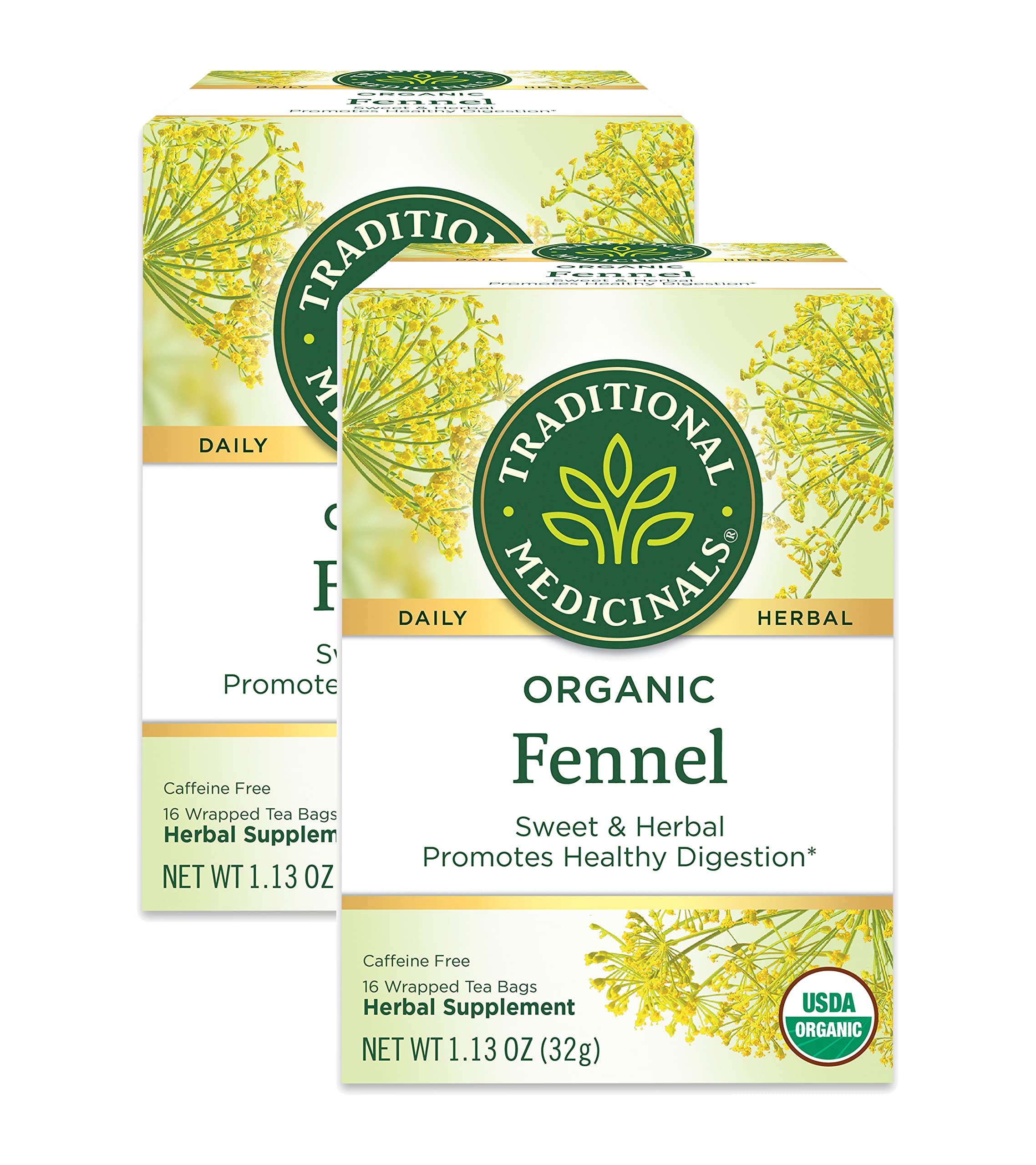 Traditional Medicinals box front showing organic fennel tea, clear ingredient benefit