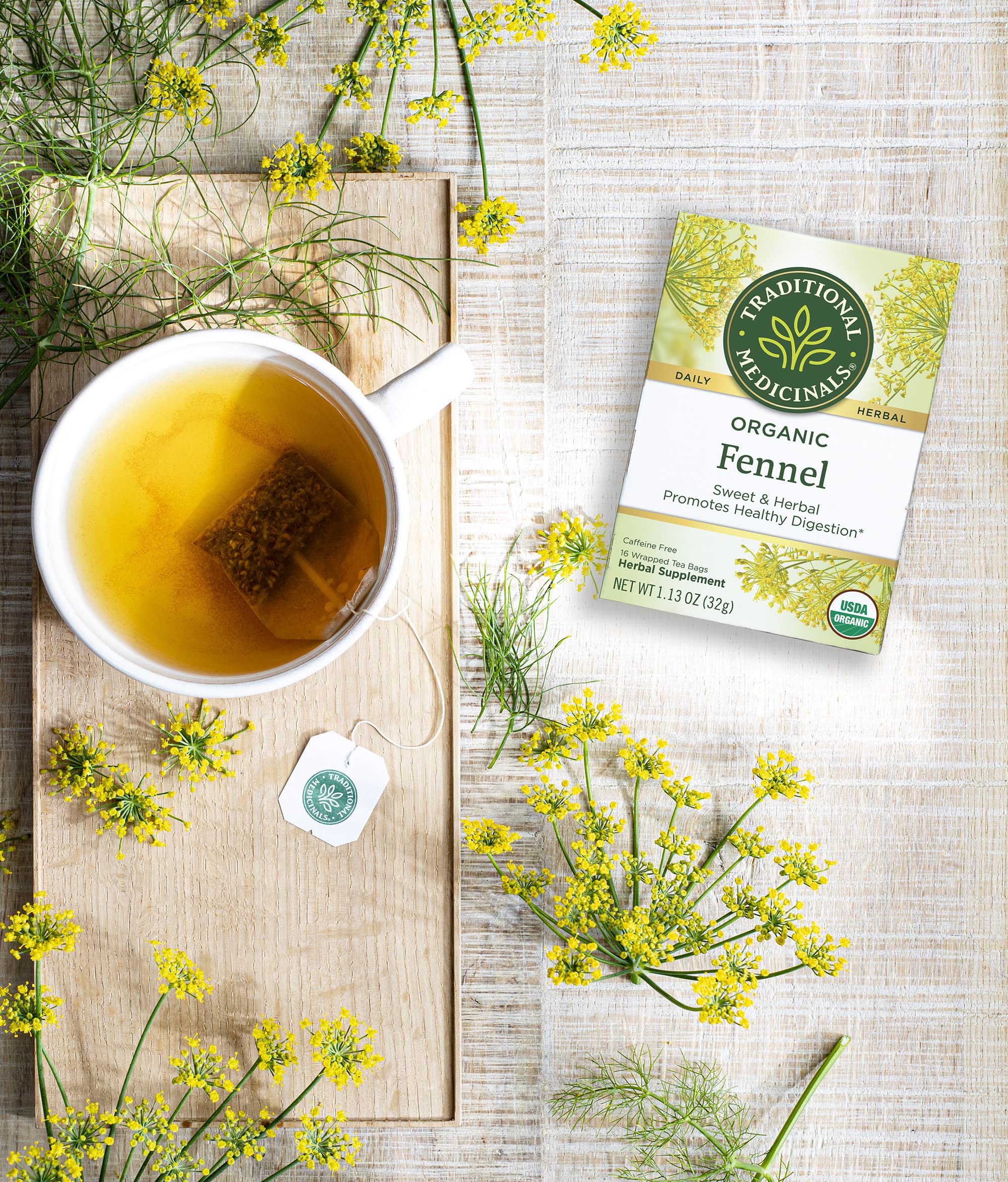 Traditional Medicinals fennel tea displayed in kitchen, suggesting daily ritual benefit
