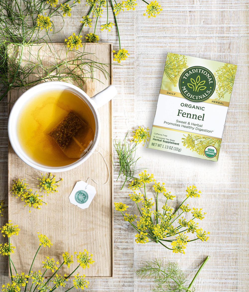 Traditional Medicinals fennel tea displayed in kitchen, suggesting daily ritual benefit