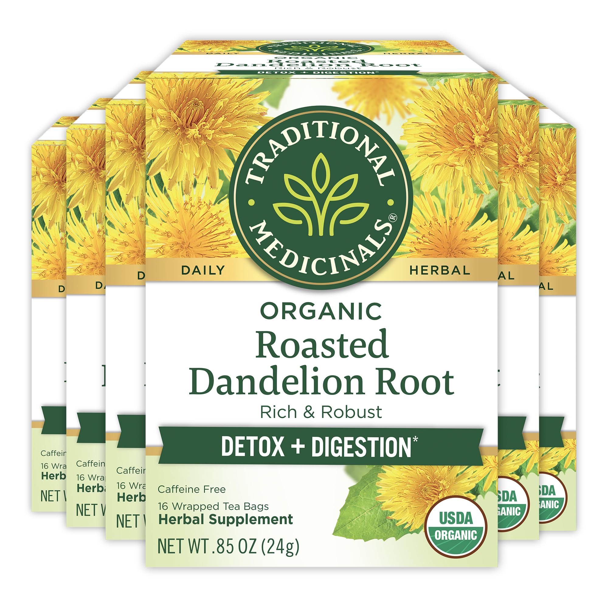 Traditional Medicinals front box showing organic roasted dandelion root tea and benefits