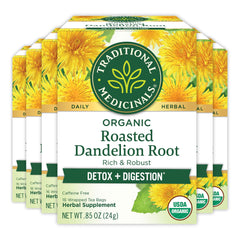 Traditional Medicinals front box showing organic roasted dandelion root tea and benefits