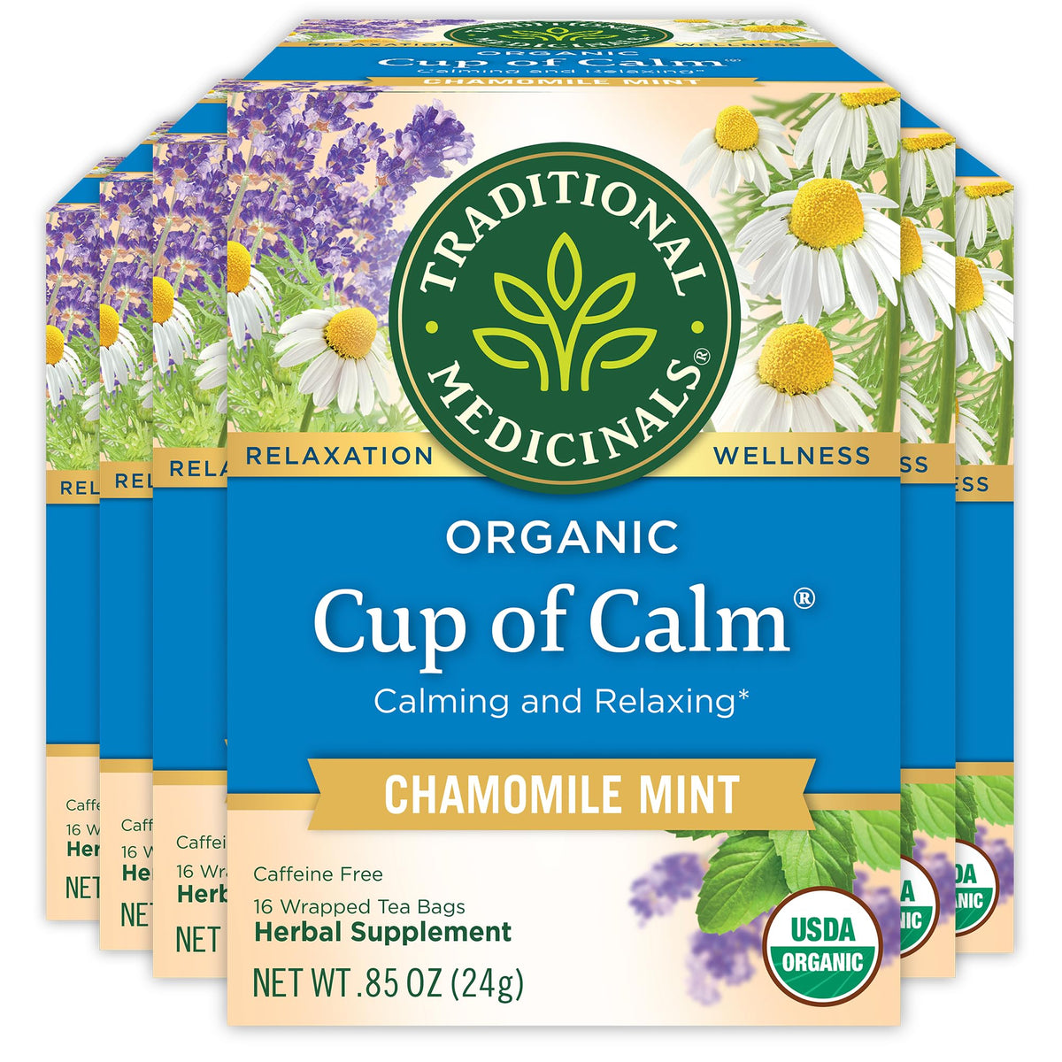 Traditional Medicinals front packaging showing Cup of Calm and product benefits