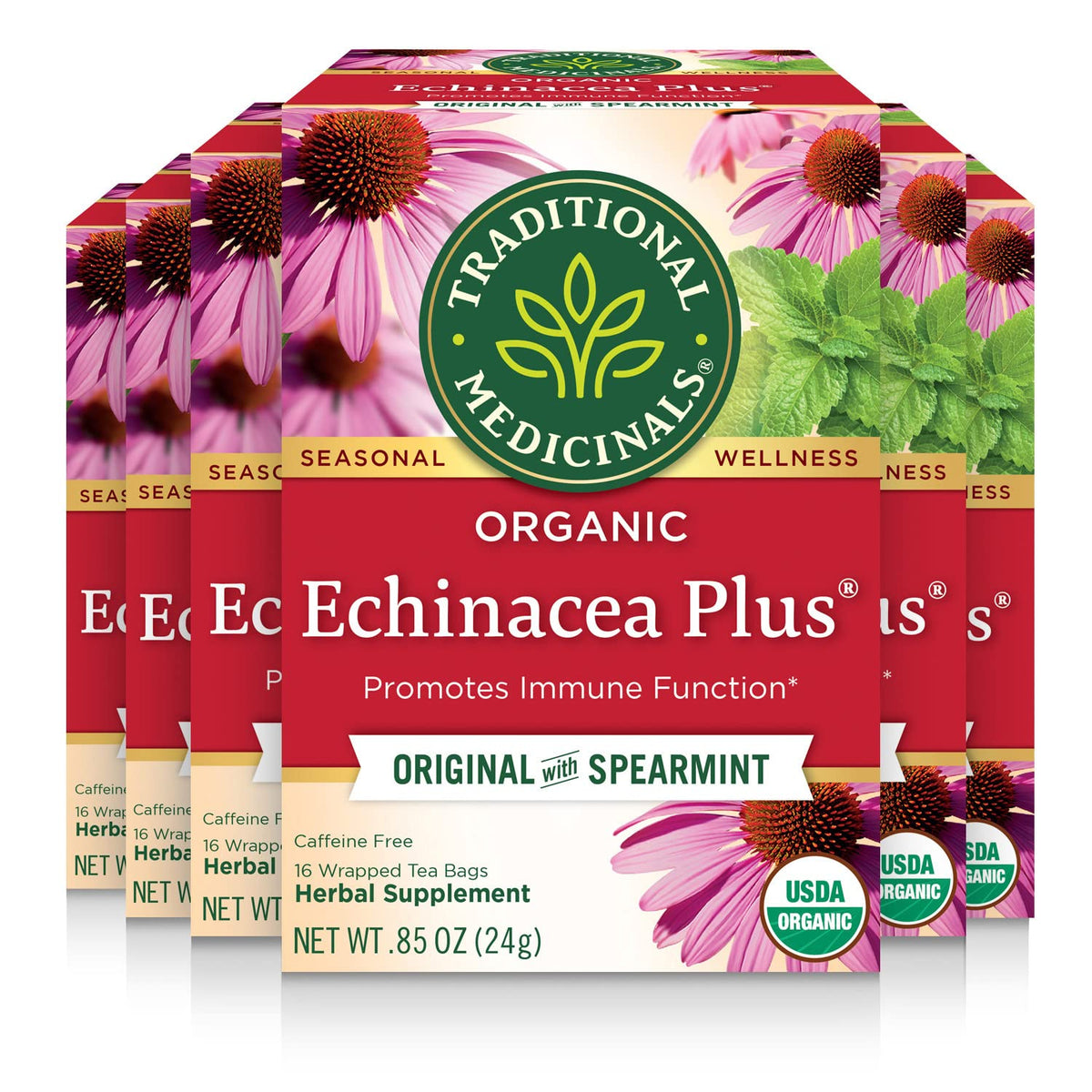 Traditional Medicinals front packaging showing product name and organic claims benefits