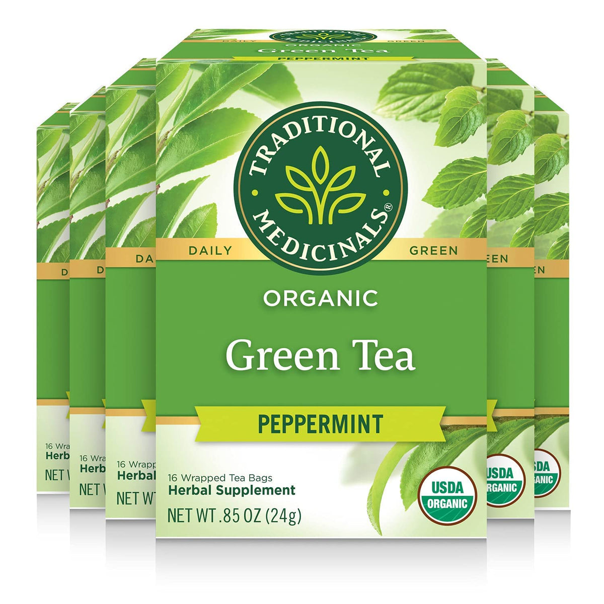 Traditional Medicinals front packaging showing organic peppermint green tea and bulk benefit