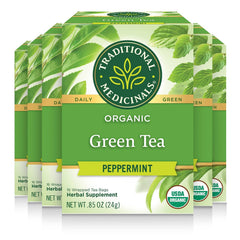 Traditional Medicinals front packaging showing organic peppermint green tea and bulk benefit