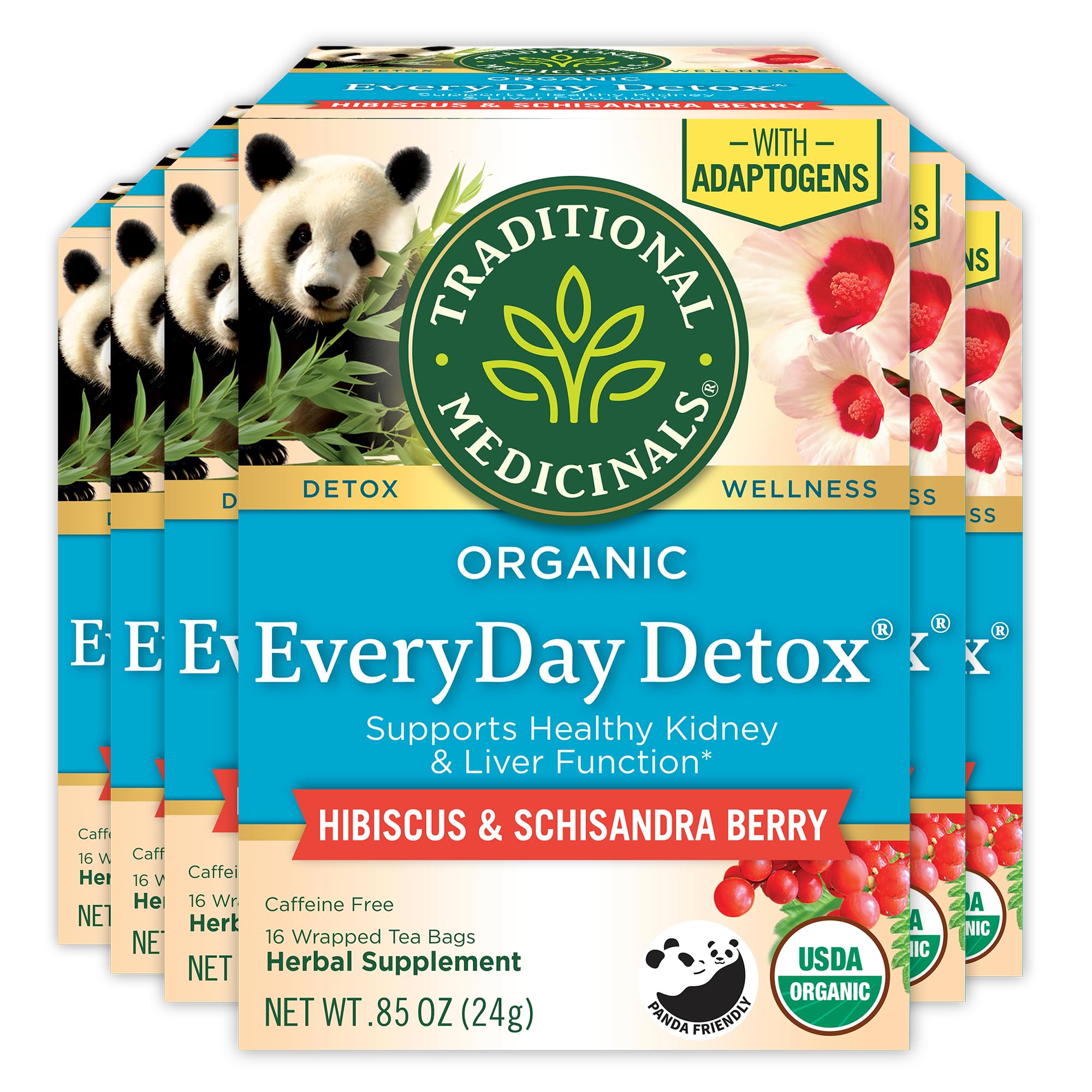 Traditional Medicinals front packaging showing six boxes and branding benefit clarity