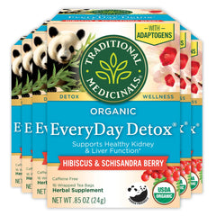 Traditional Medicinals front packaging showing six boxes and branding benefit clarity