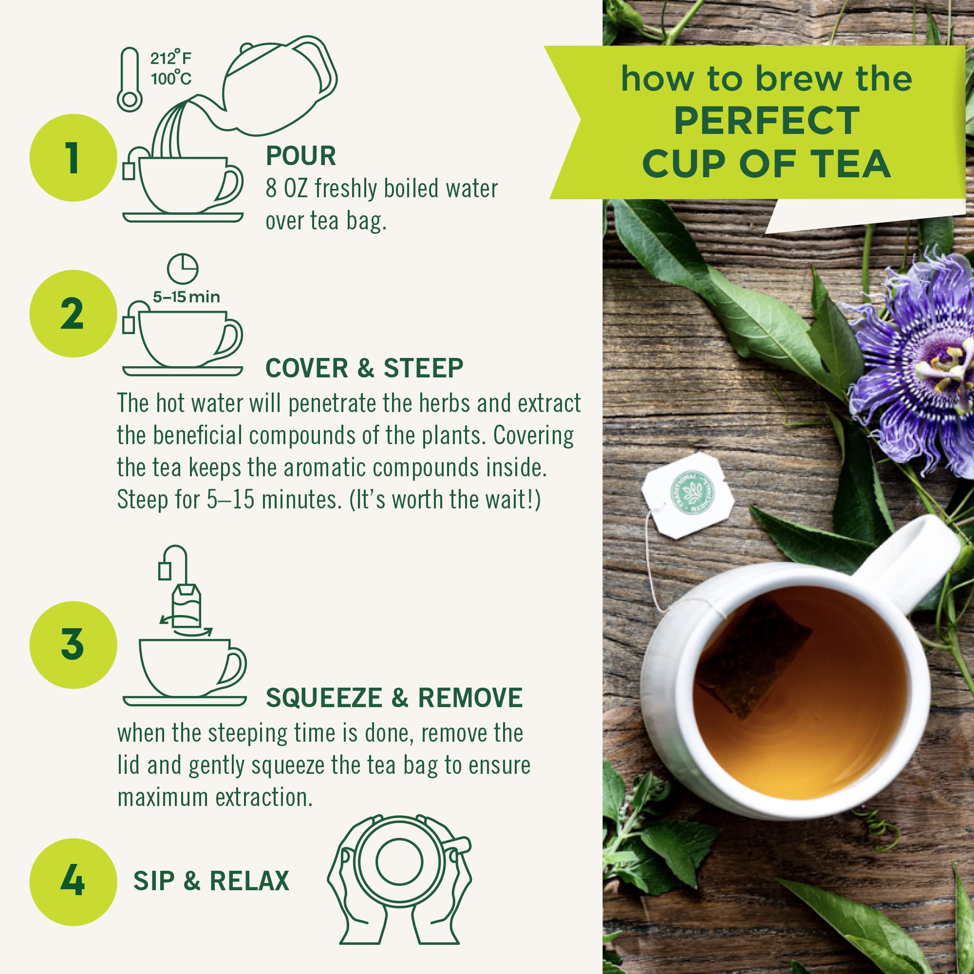 Traditional Medicinals compostable tea bag material emphasizing eco-friendly disposal