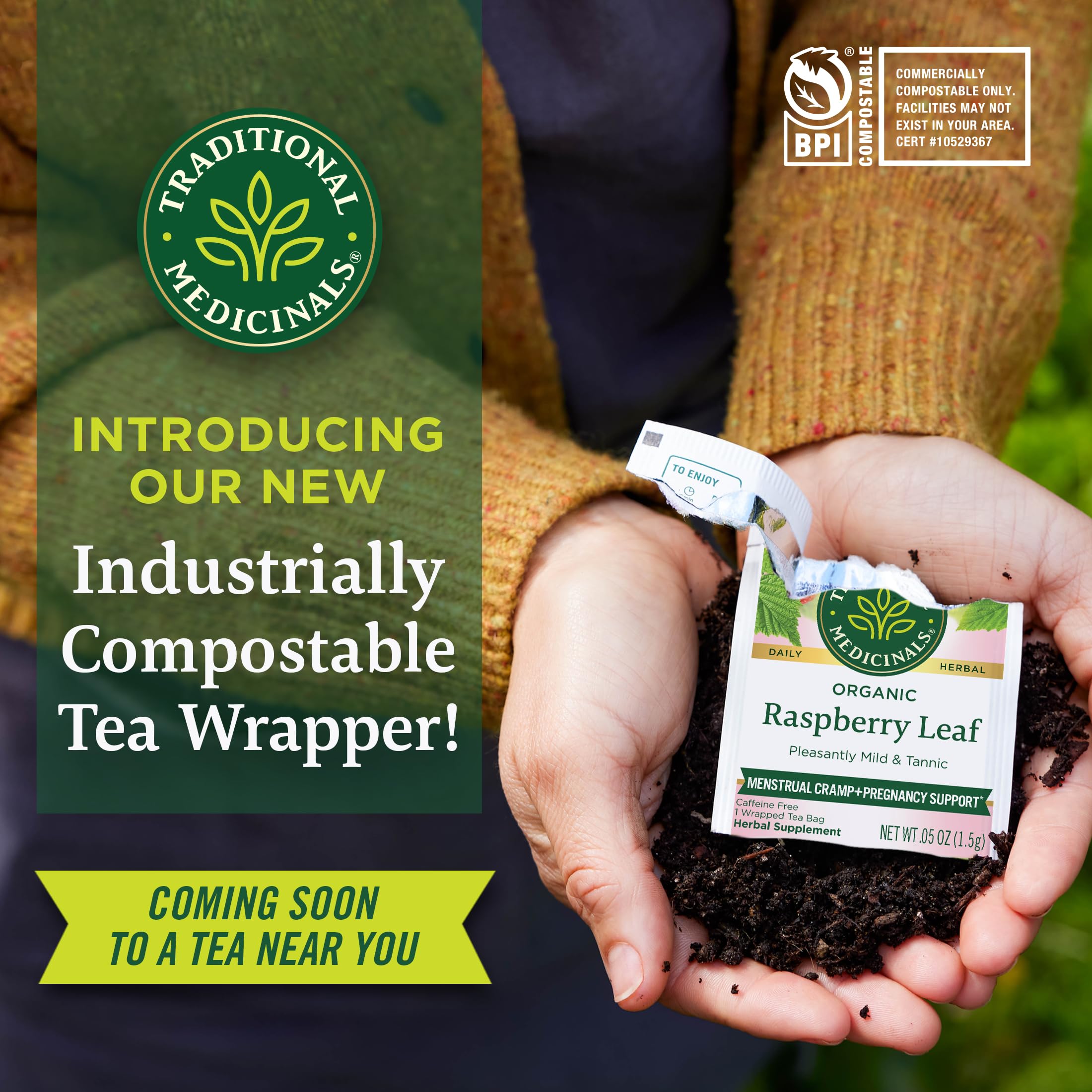 Traditional Medicinals tea bag close-up displaying compostable pouch and convenient brewing