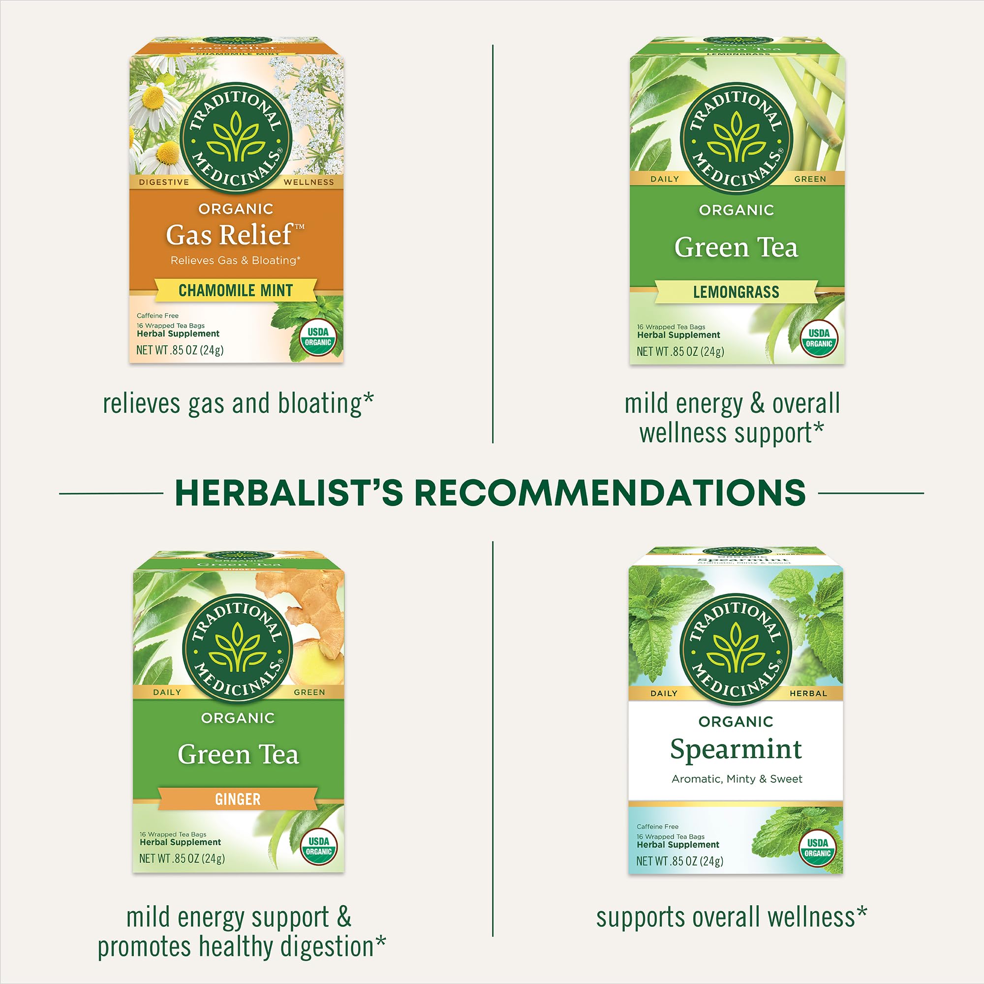 Traditional Medicinals ingredients label close-up showing organic and non-GMO certifications
