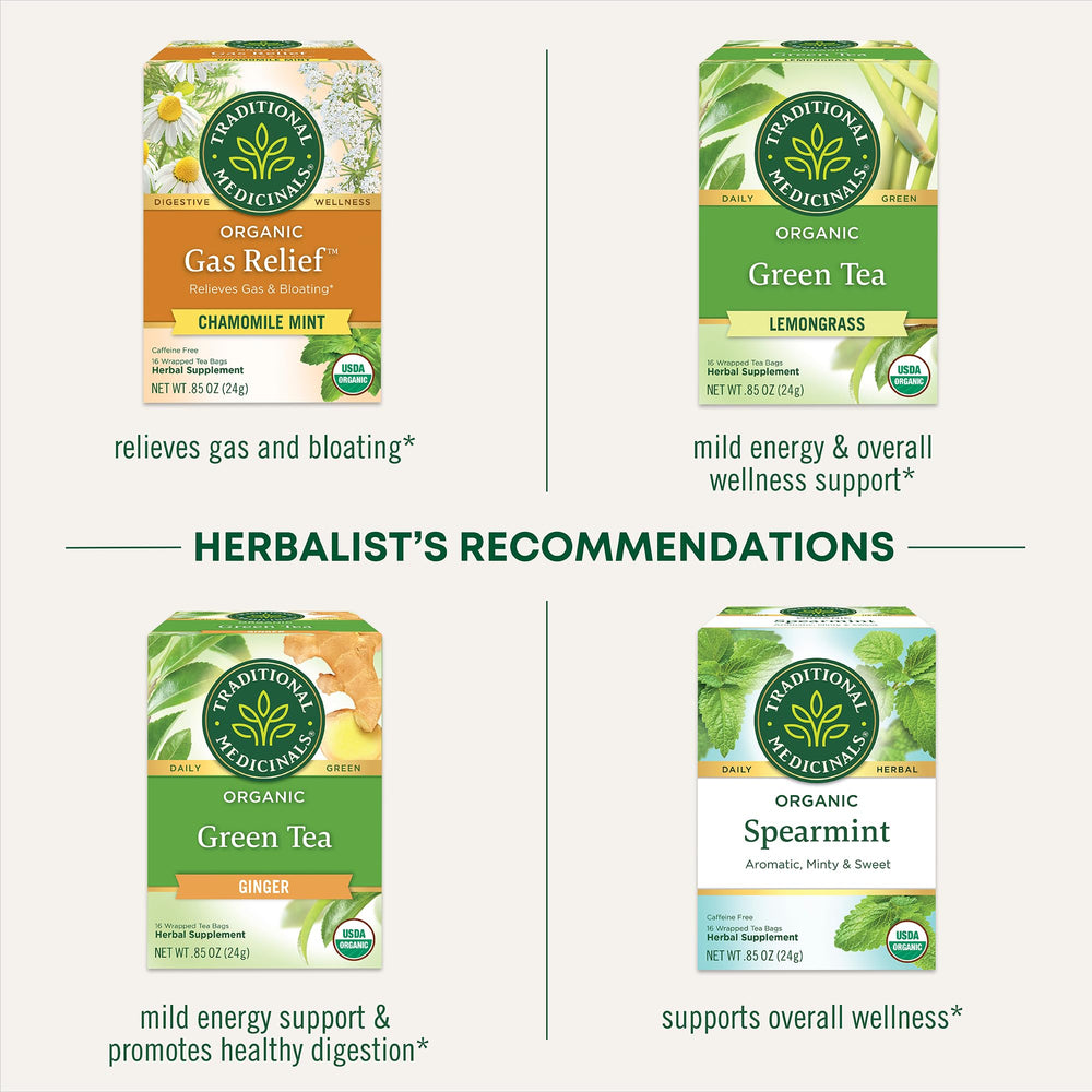 Traditional Medicinals ingredients label close-up showing organic and non-GMO certifications