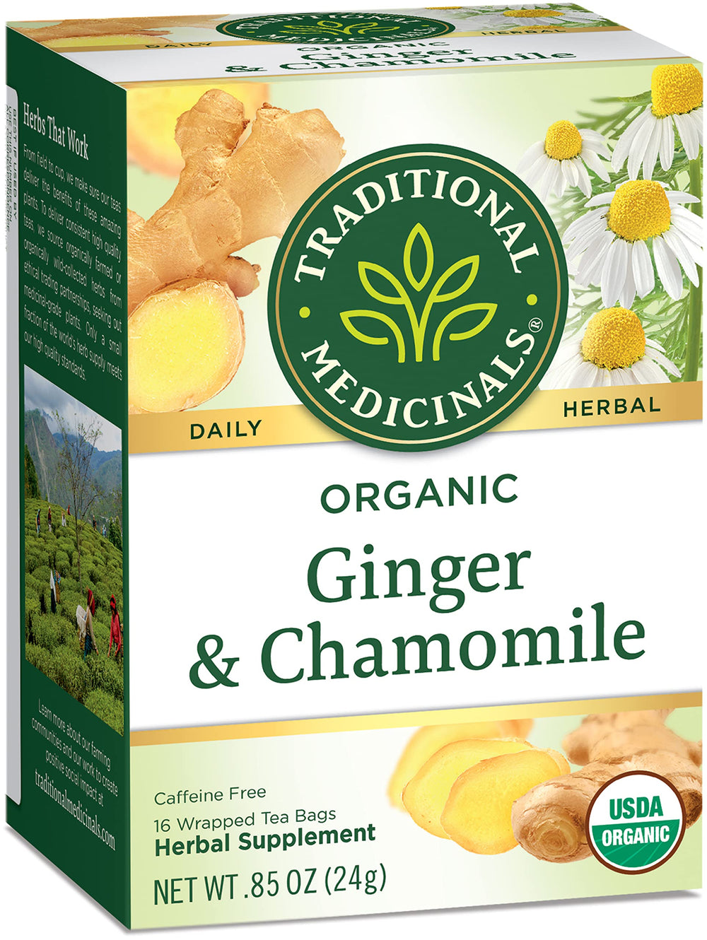 Traditional Medicinals box label with organic and certification badges for quality assurance