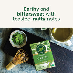 Traditional Medicinals crushed sencha, powdered matcha and toasted rice arranged to show blend composition benefit