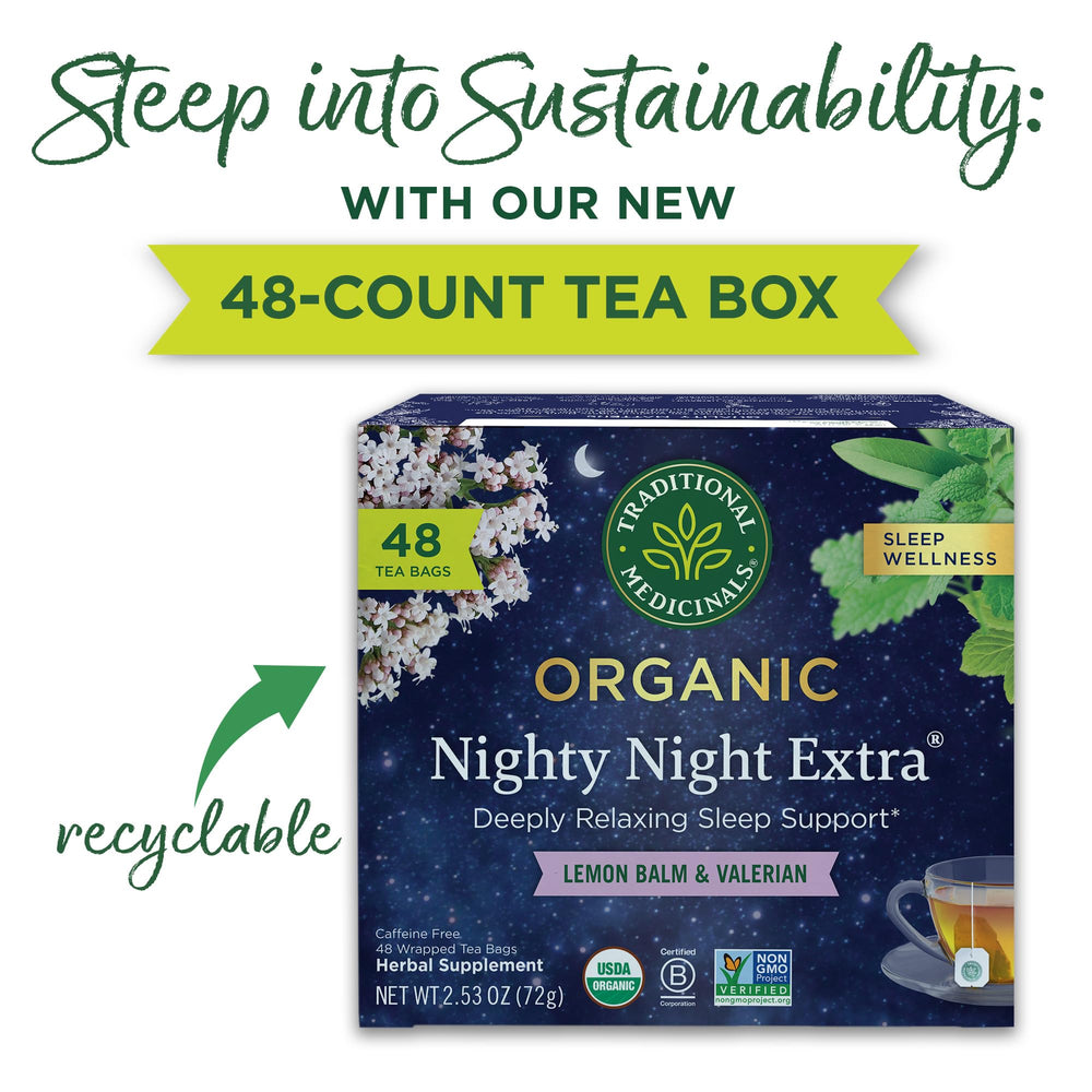 Traditional Medicinals tea bag close-up showing compostable material and easy steeping convenience